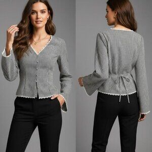 Shepherd Check Lace Cap Sleeve Single Button Blouse